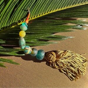 Antistress Beach glass, turquoise,coral &crystals hand charm w.silk tassle